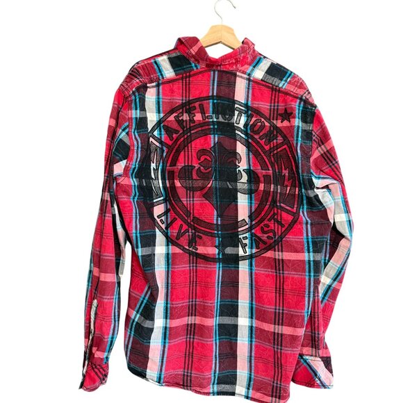 Affliction Black Premium Buckle Plaid Embroidered Button Down Shirt Men XL Red - Picture 1 of 10
